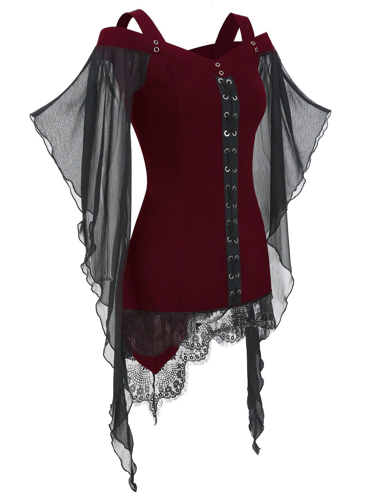

Criss Cross Lace Panel Cold Shoulder T-shirt, Firebrick