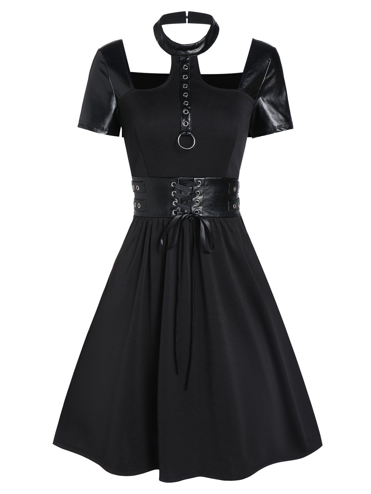 

Grommet Lace Up Cutout A Line Dress, Black