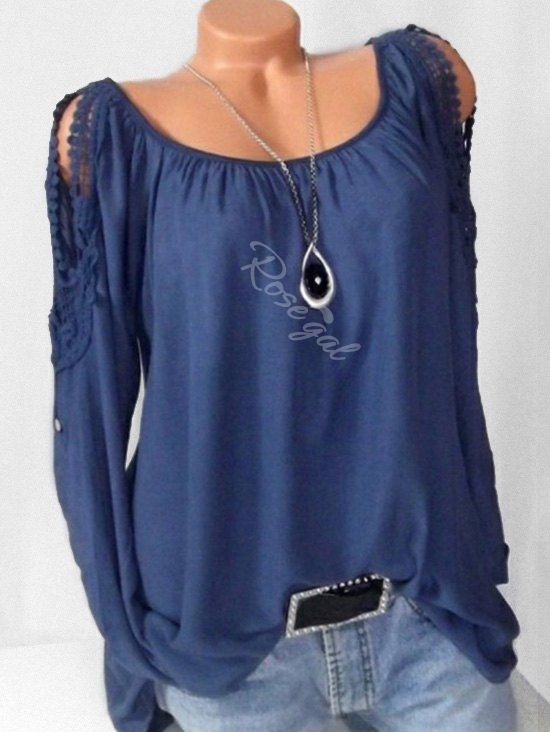 

Plus Size Lace Crochet Roll Up Sleeve Peasant Blouse, Denim dark blue