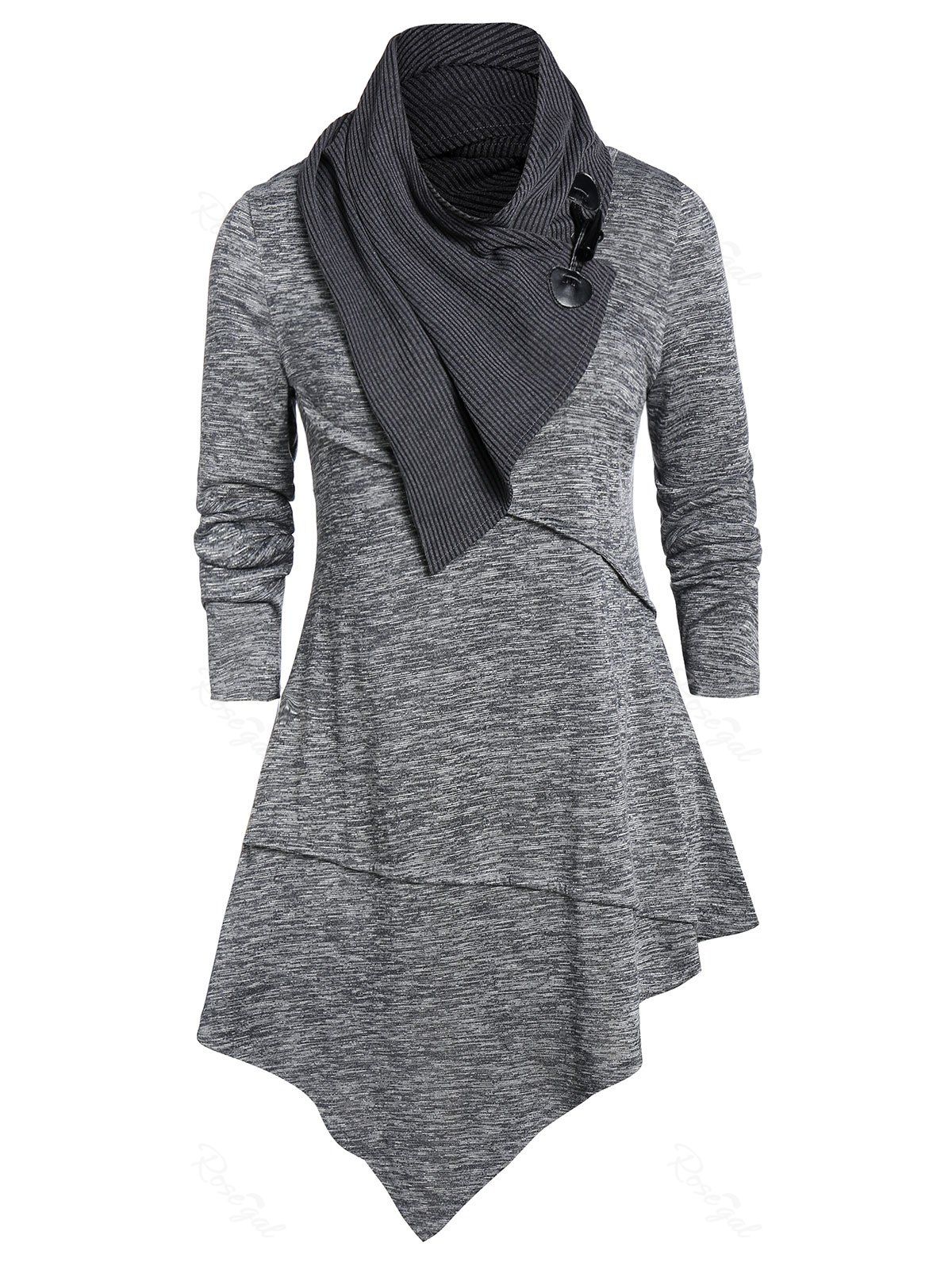 

Plus Size Asymmetric Marled Cowl Neck T Shirt, Dark gray