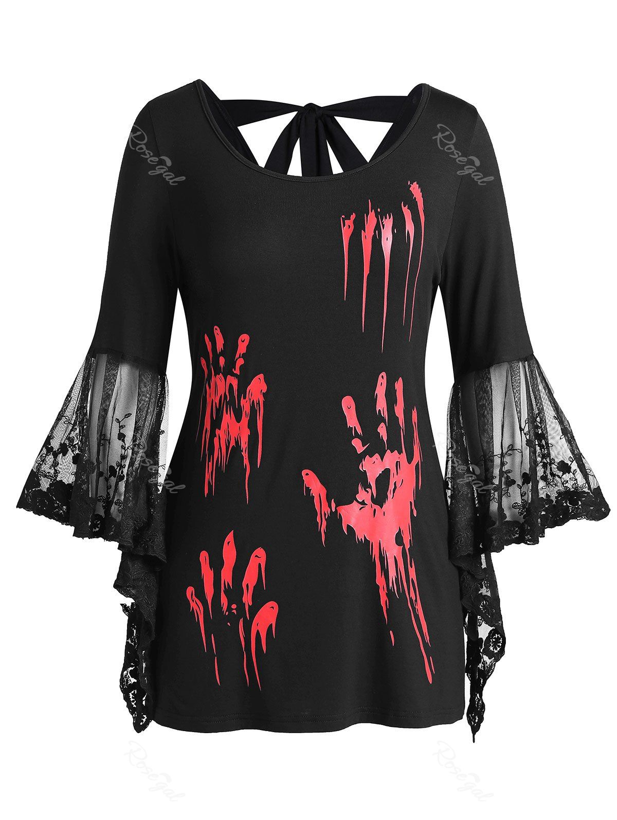

Plus Size Halloween Blood Hands Flare Sleeve Knotted Sheer Tee, Black
