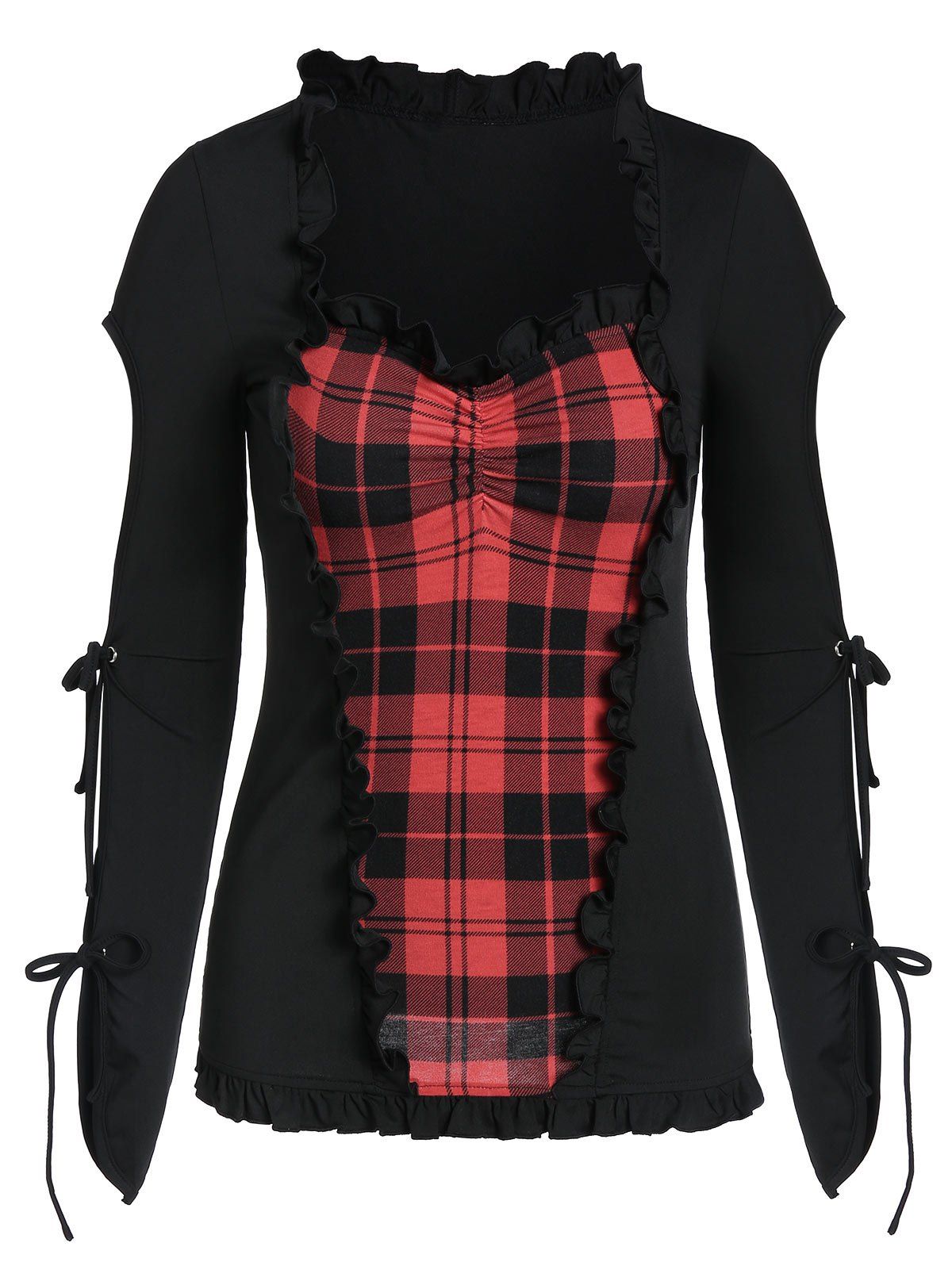 

Plaid Print Split Sleeve Ruffle Gothic T-shirt, Black