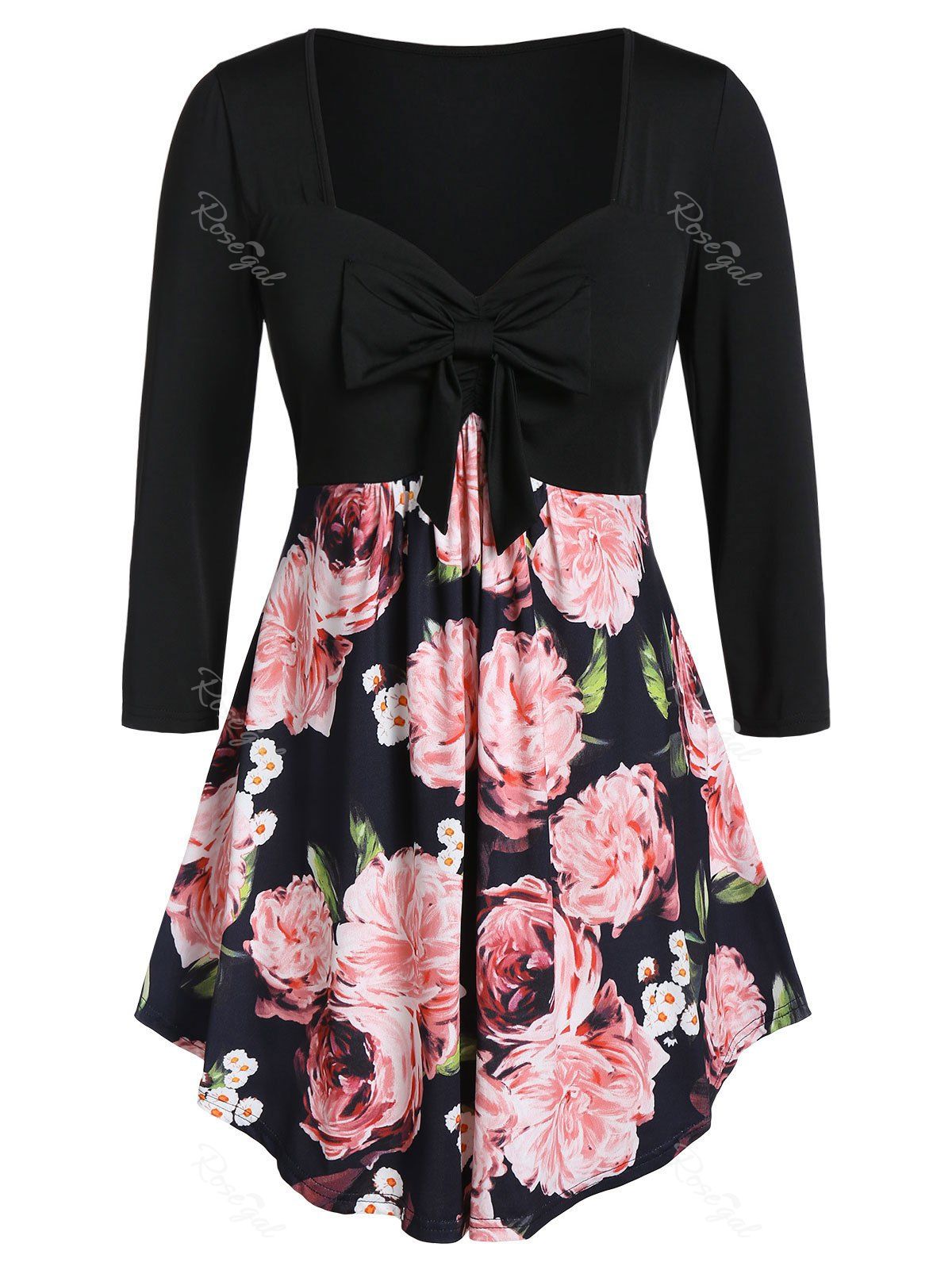 

Plus Size Sweetheart Collar Floral Print Tunic T Shirt, Jet black