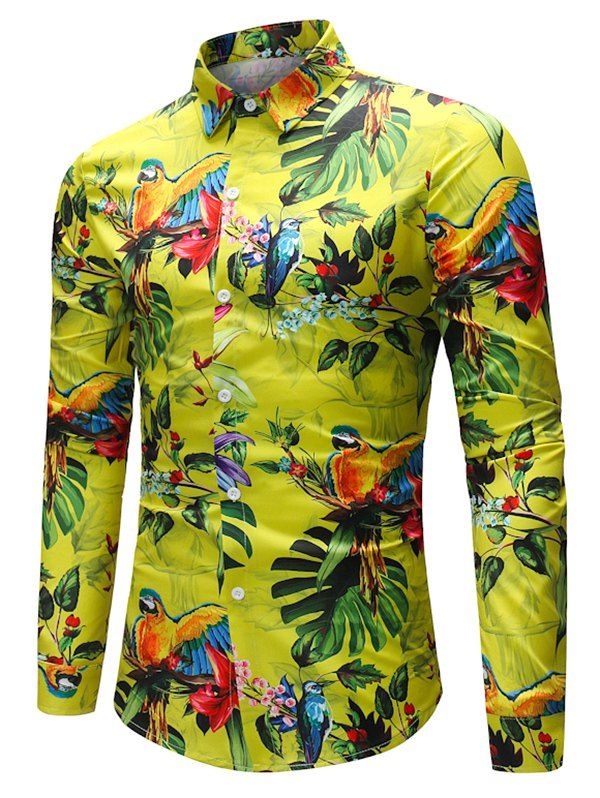 

Tropical Leaf Birds Print Button Up Casual Shirt, Yellow