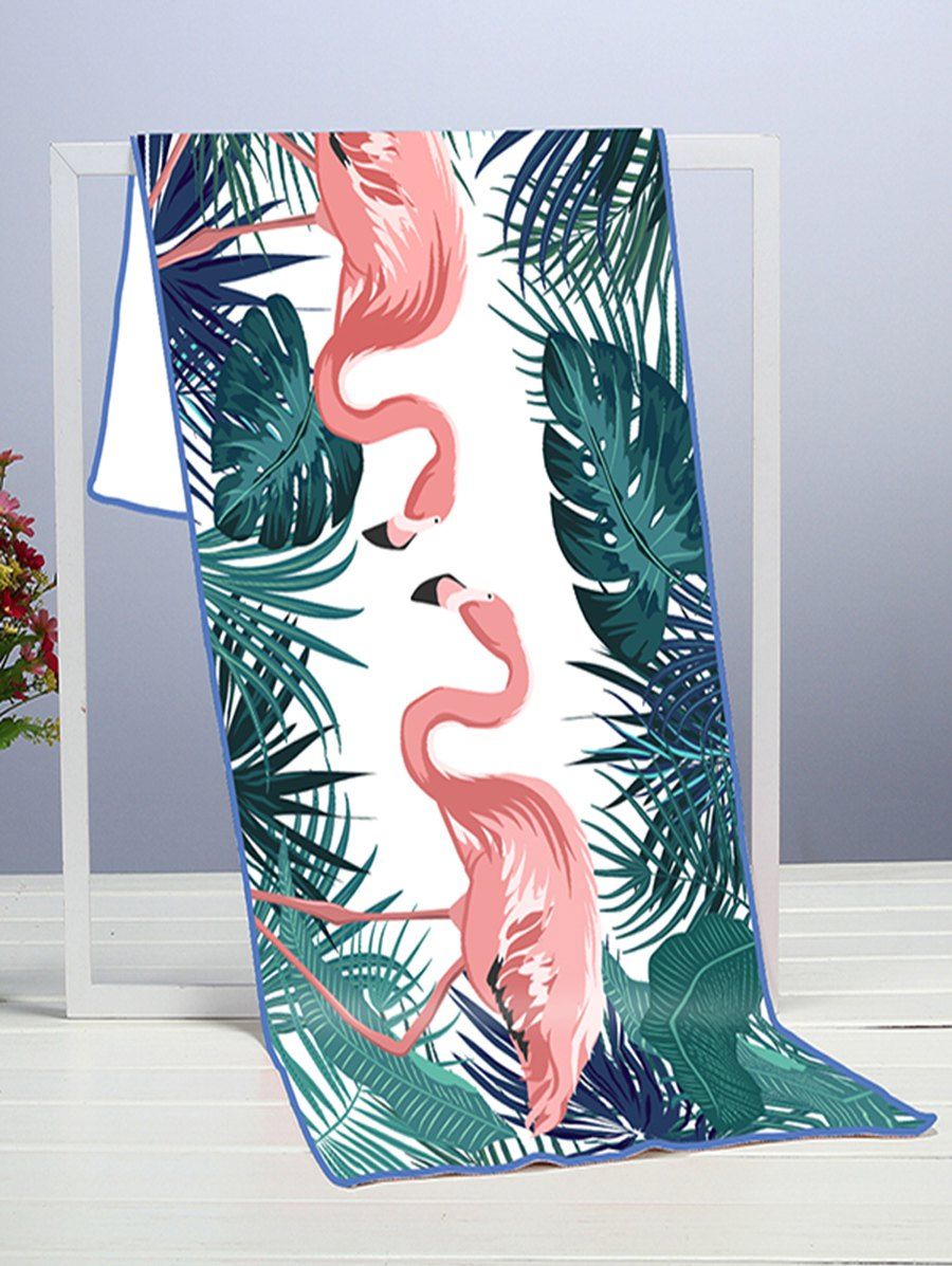 

Tropical Leaves and Flamingo Pattern Quick-drying Beach Towel, Greenish blue