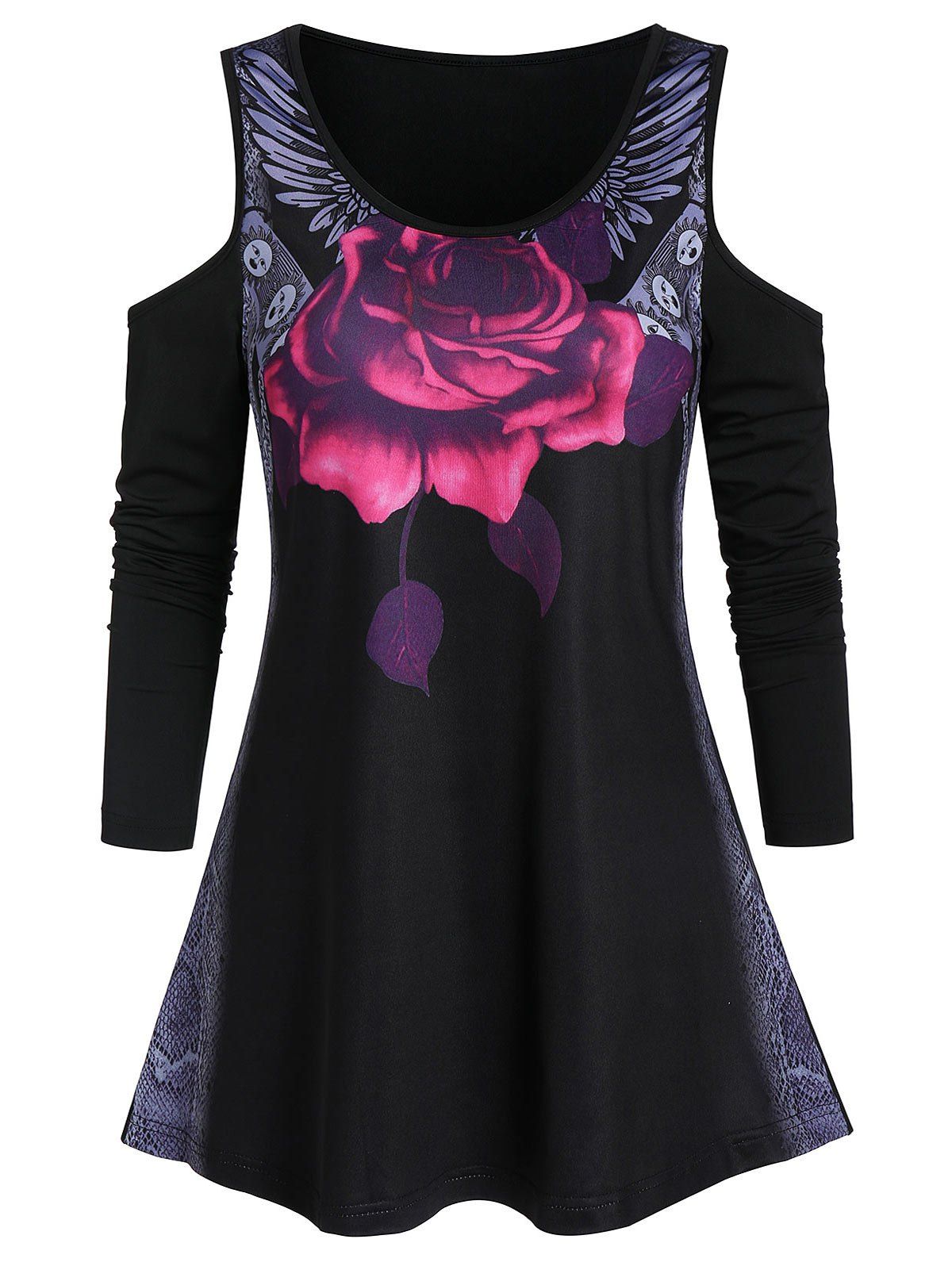 

Open Shoulder Rose Print Tunic T Shirt, Black