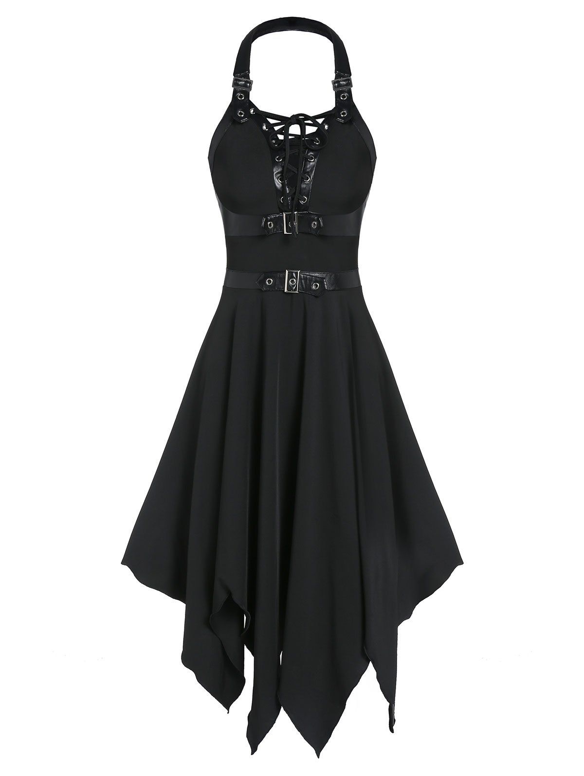 

Buckle Strap Cut Out Lace-up Handkerchief Gothic Dress, Black