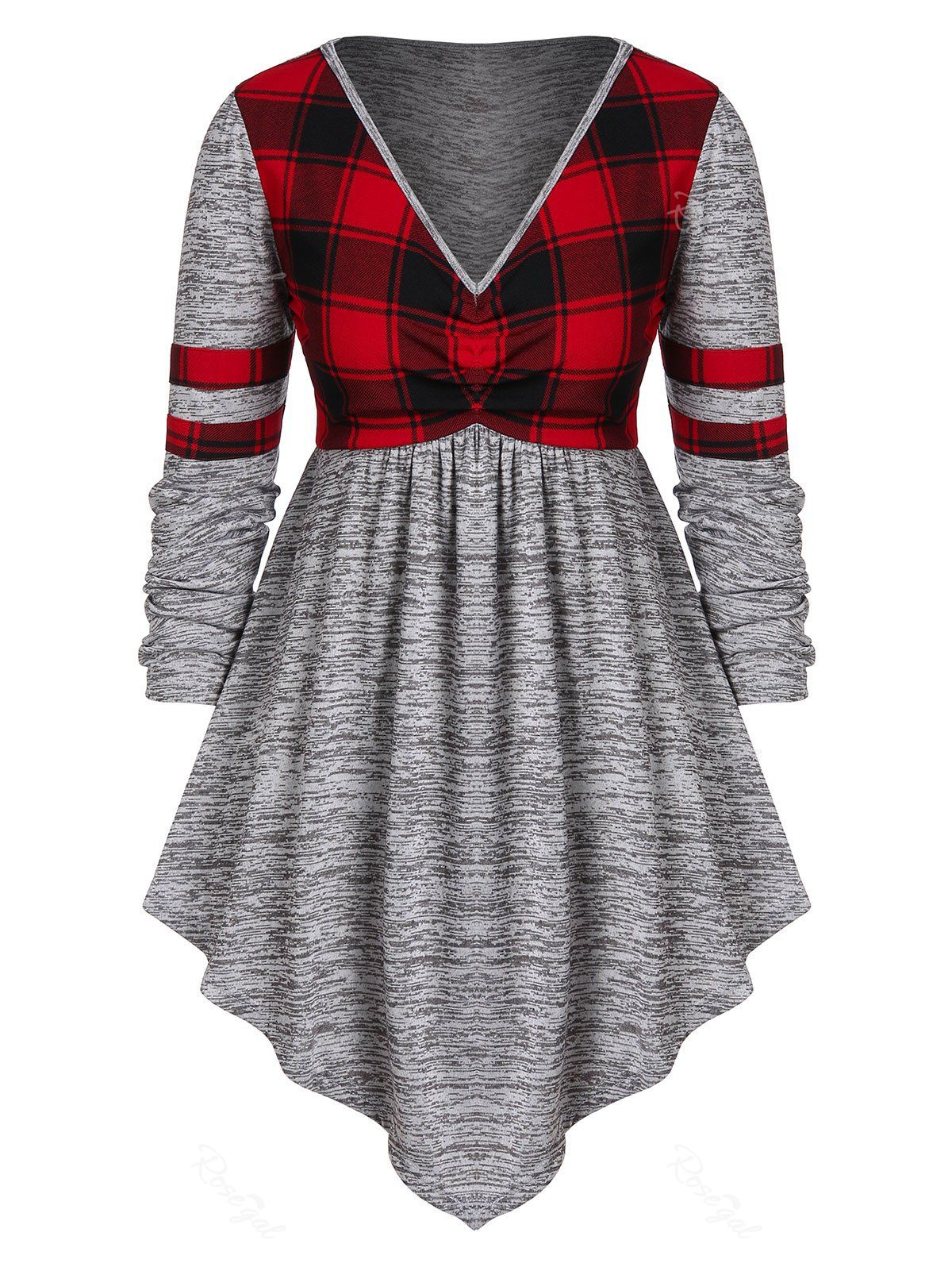 

Plus Size Plunge Checked Panel Marled T Shirt, Gray