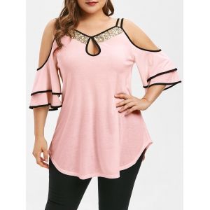 

Plus Size Keyhole Open Shoulder Sequins T-shirt, Pink