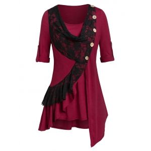 

Plus Size Flounce Lace Panel Roll Up Sleeve Tunic Tee, Red wine