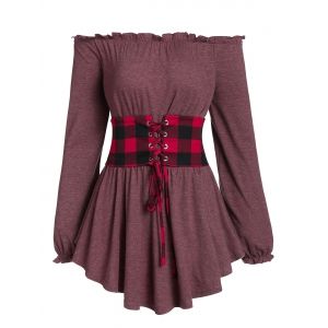 

Lace Up Off The Shoulder Marled T Shirt, Red wine