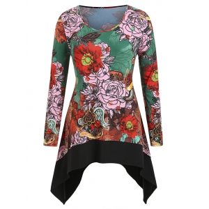

Plus Size Floral Print Asymmetrical Tunic T Shirt, Dark turquoise