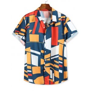 

Color Blocking Geometric Print Short Sleeve Shirt, Multi