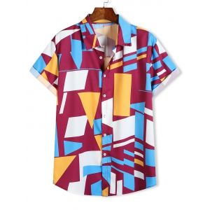 

Color Blocking Geometric Print Short Sleeve Shirt, Multi a