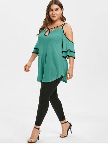 

Plus Size Keyhole Open Shoulder Sequins T-shirt, Turquoise