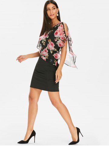 

Flower Print Chiffon Insert Sheath Dress, Black