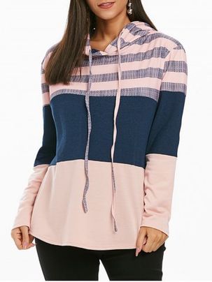 Striped Color Block Drawstring Loose Hoodie