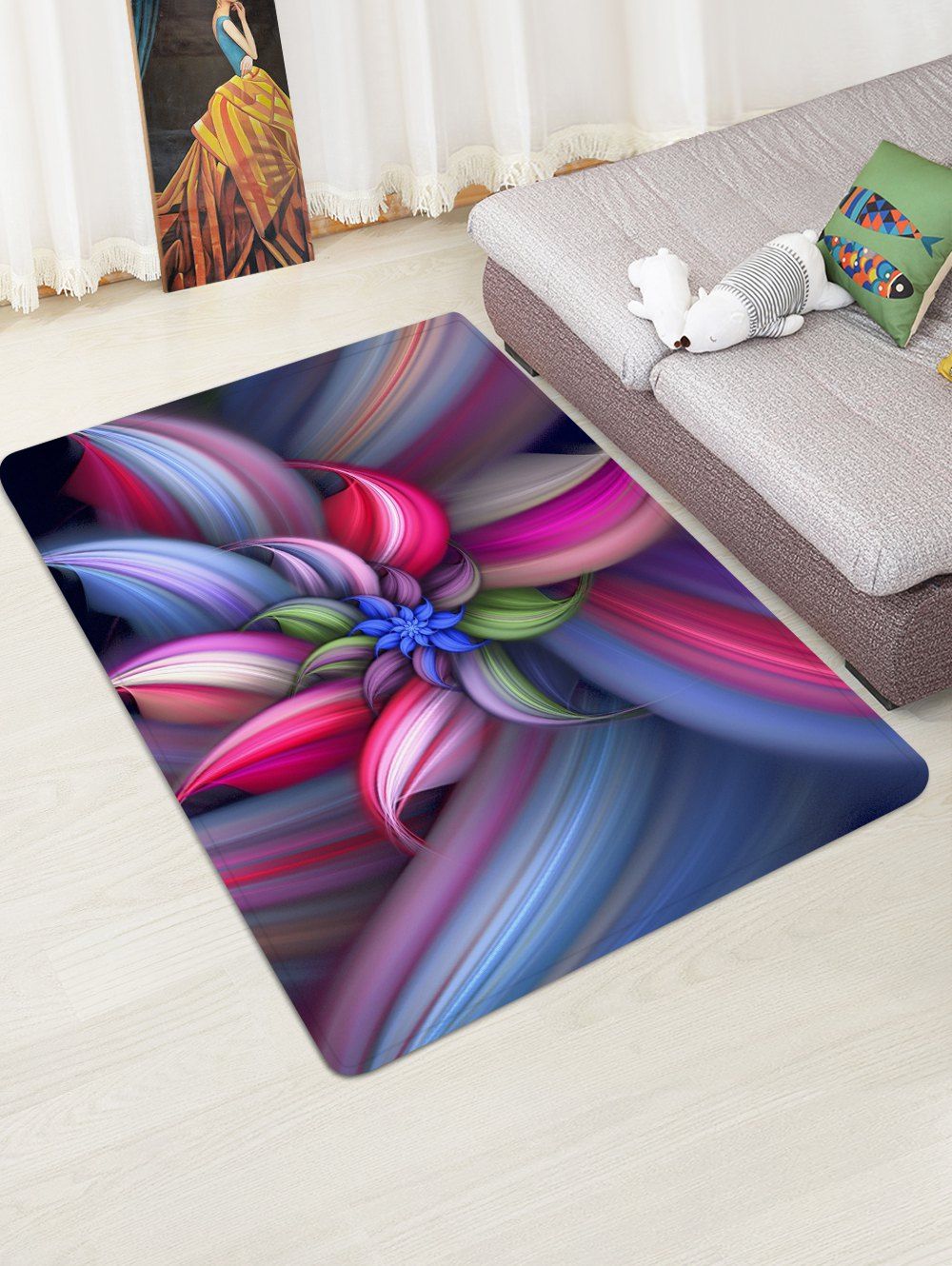 

3D Flower Printed Pattern Floor Mat, Dark carnation pink