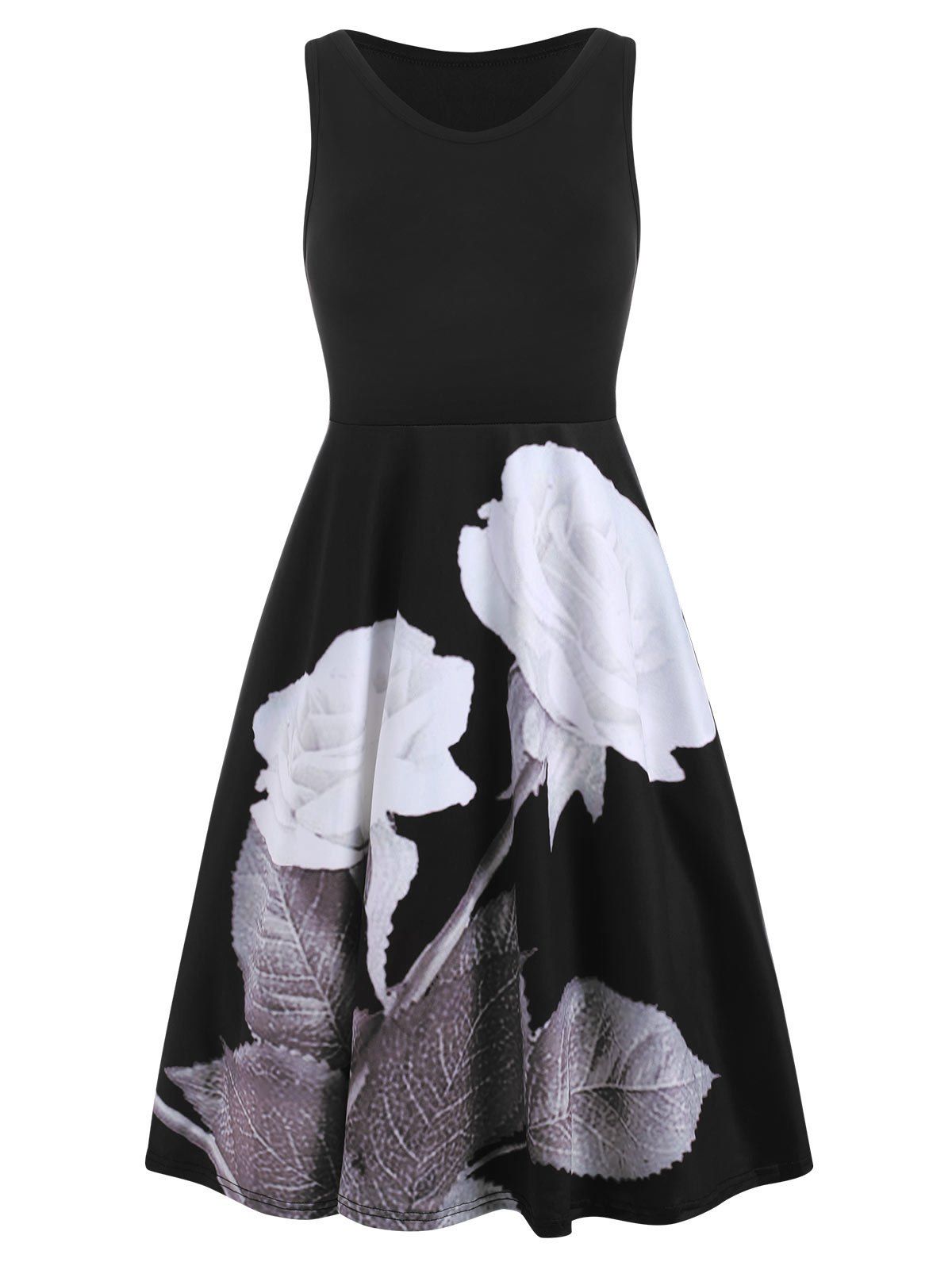 

Floral Print Sleeveless Scoop Neck Dress, Black