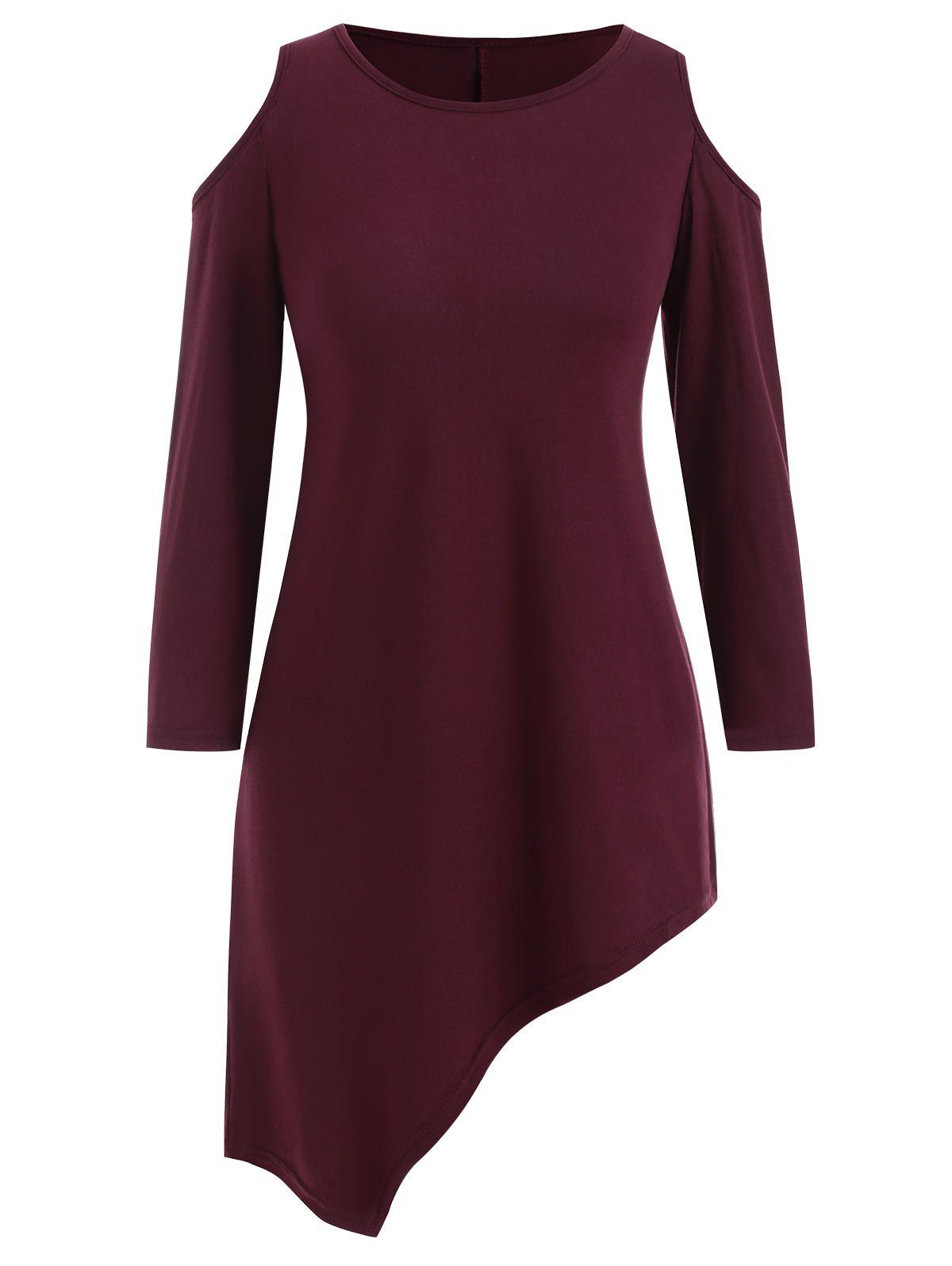 

Cold Shoulder Asymmetric Long Sleeves Tee, Red wine