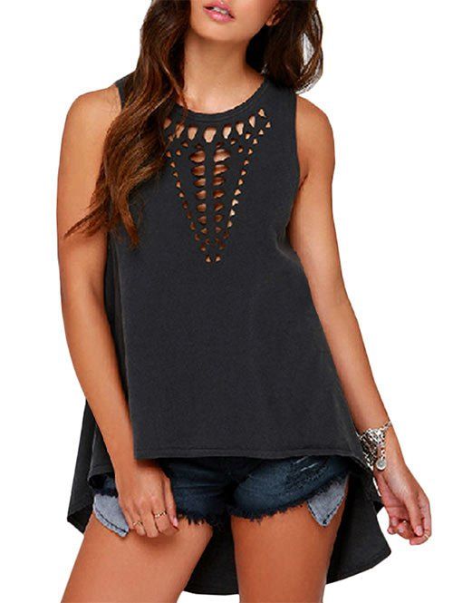 

Laser Cut High Low Longline Tank Top, Black