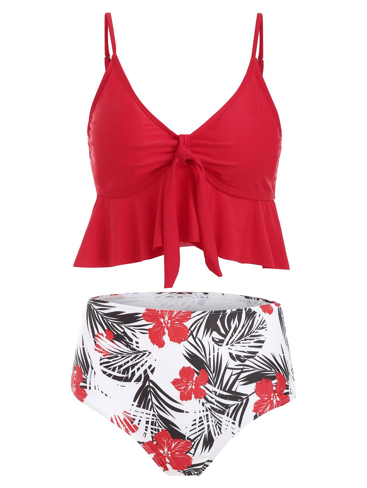 

Floral Leaves Print Knotted Padded Tankini Swimsuit, Red