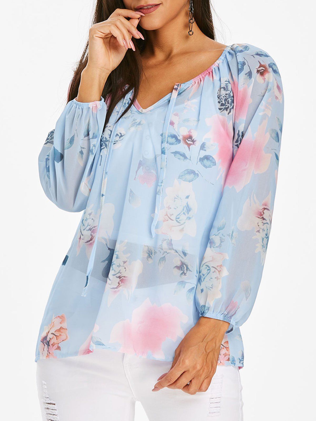 

Flower Print Chiffon See Thru Long Sleeve Blouse, Day sky blue