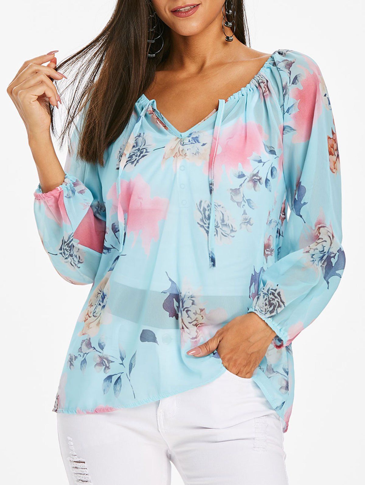 

Flower Print Chiffon See Thru Long Sleeve Blouse, Light cyan