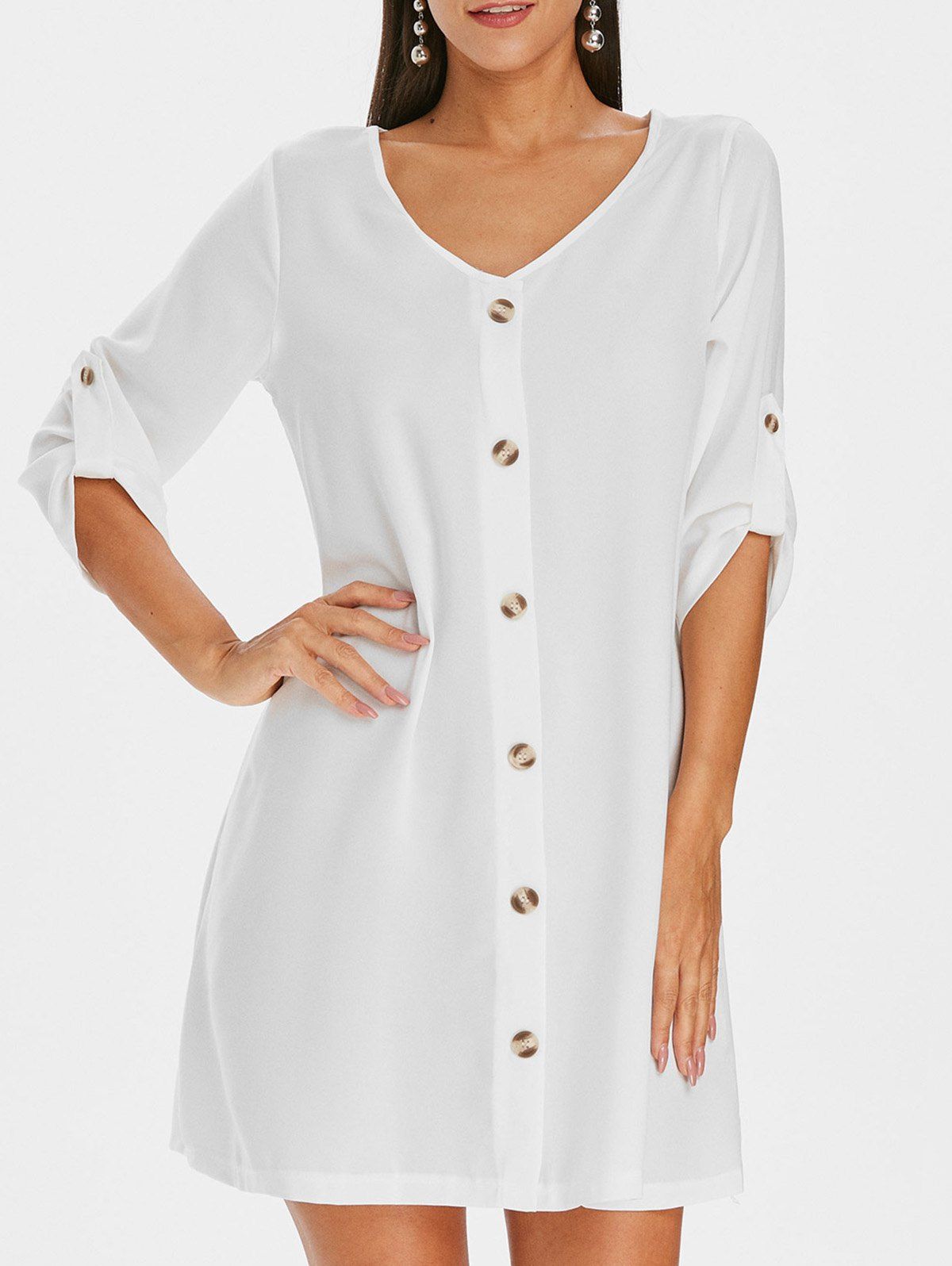 

Roll Sleeve Button Down Shift Dress, White