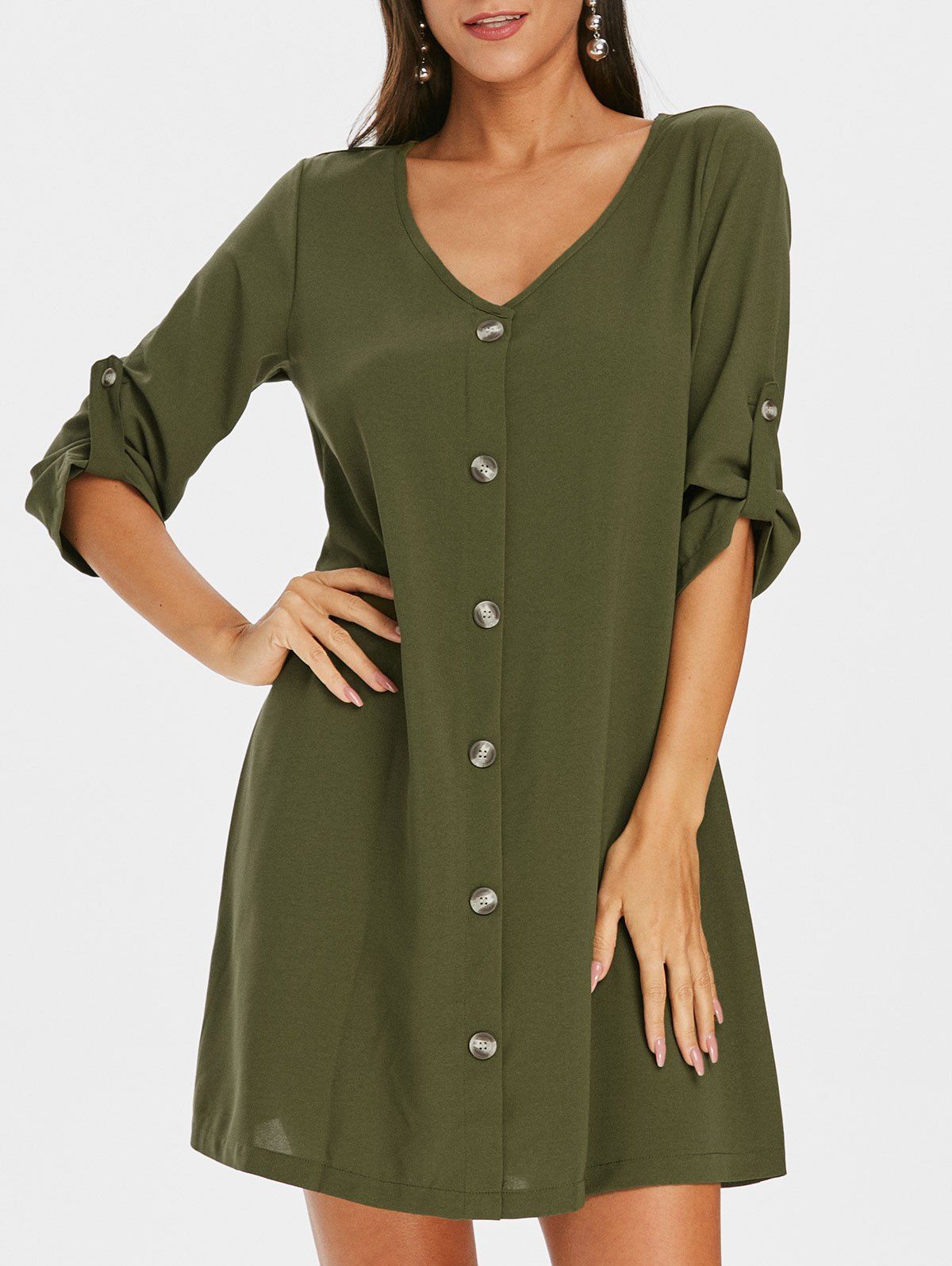 

Roll Sleeve Button Down Shift Dress, Army green