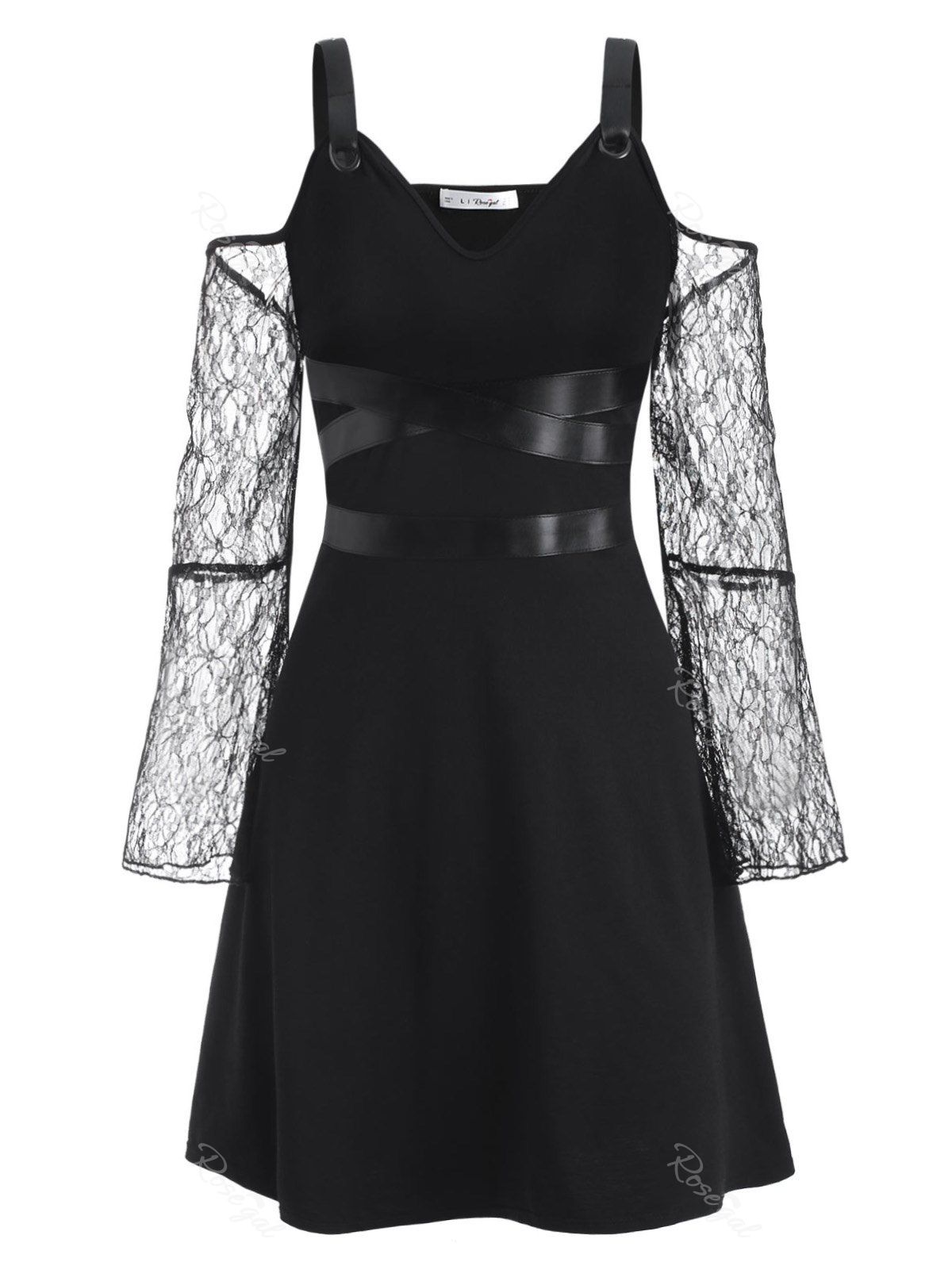 

Plus Size Buckled Lace Sleeve Cold Shoulder Gothic Dress, Black