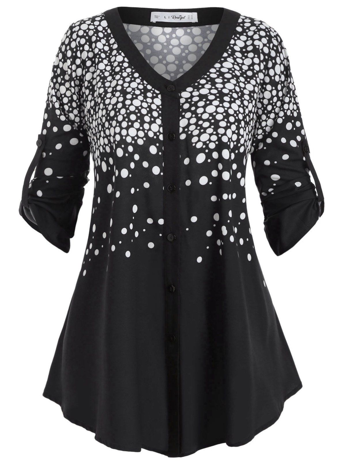 Buttoned Tabs Button Up Polka Dot Plus Size Top, Black