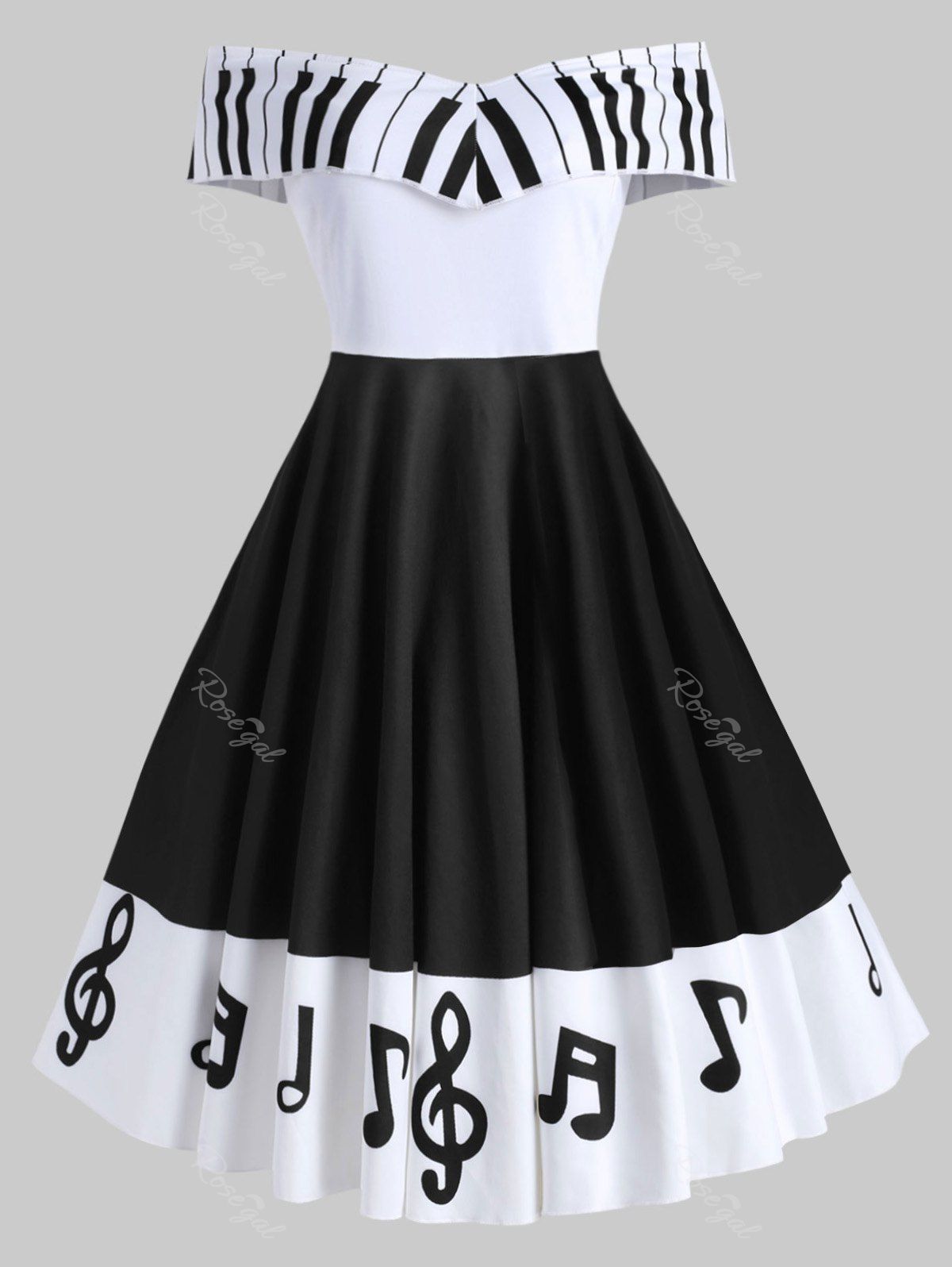 

Plus Size Musical Note Print Off Shoulder Vintage Dress, Black