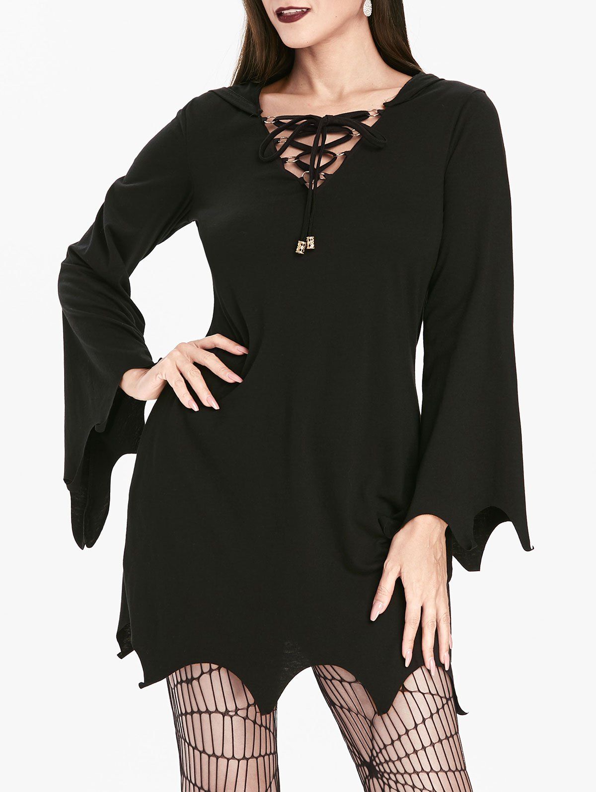

Lace Up Uneven Hem Flare Sleeve Lace Up Dress, Night
