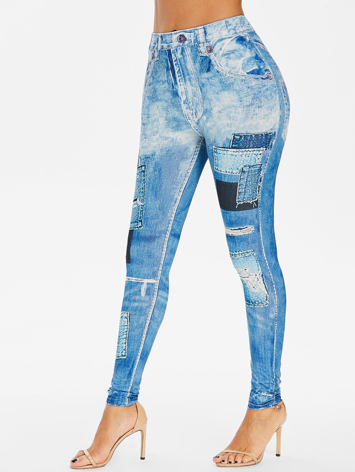 

3D Distressed Jean Print Jeggings, Jeans blue