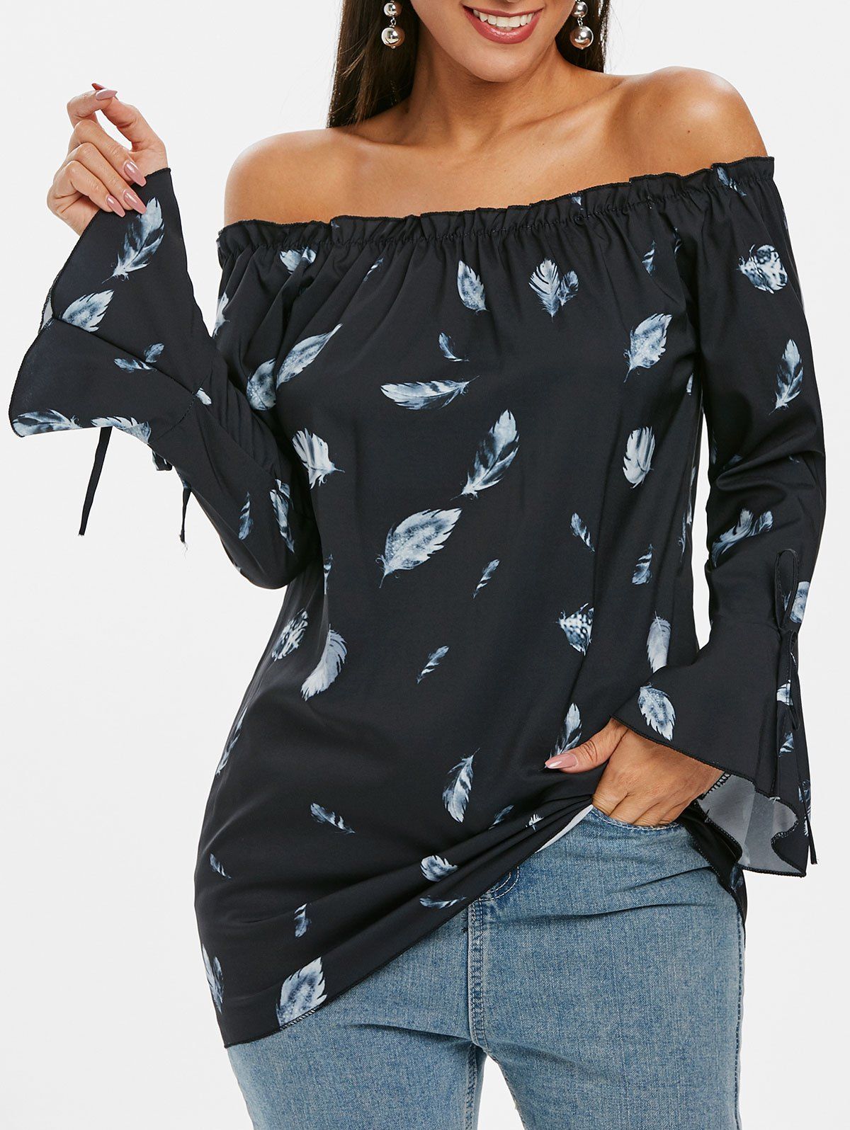 

Feather Print Off Shoulder Flare Sleeve Blouse, Black