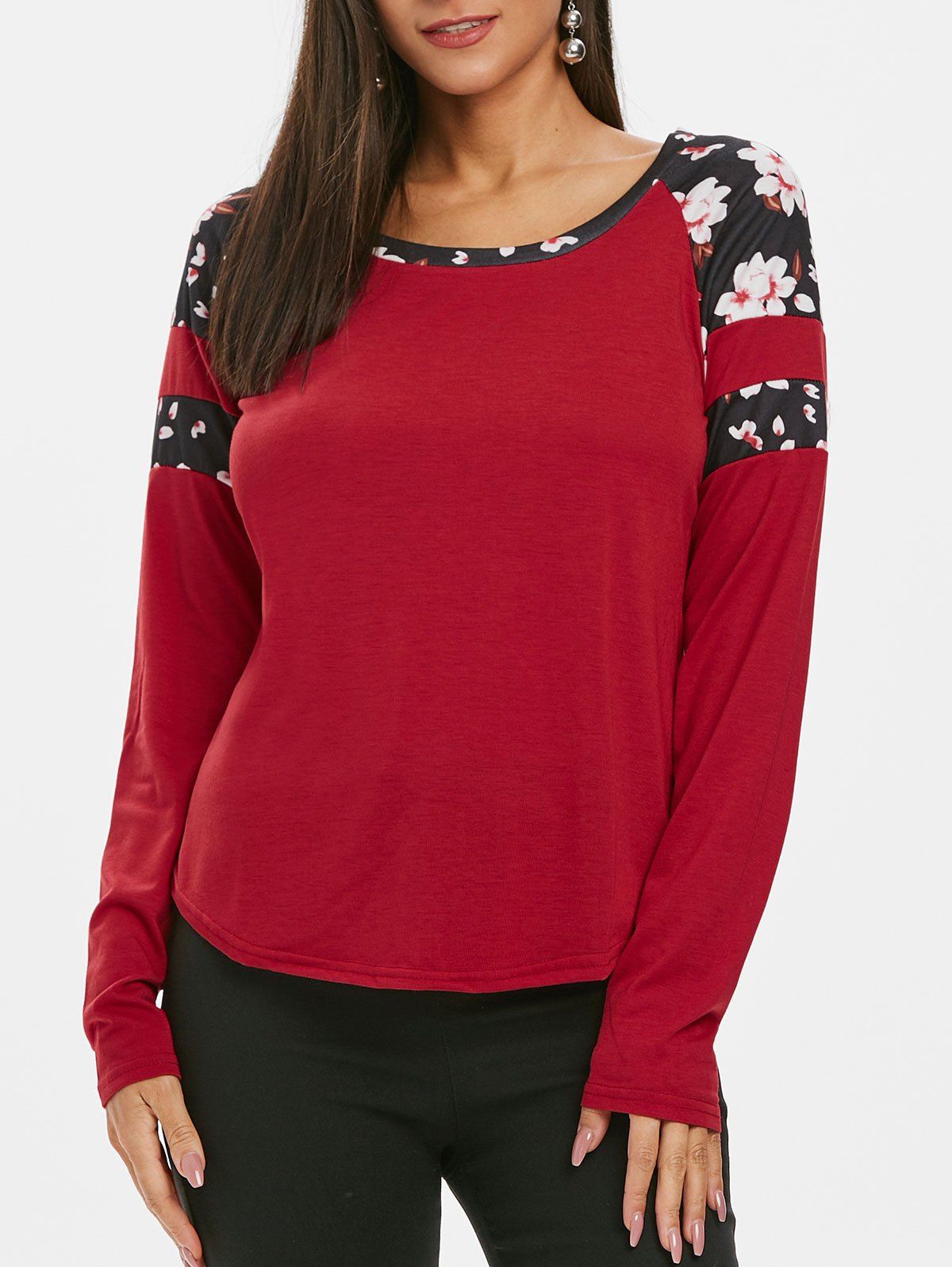 

Flower Trim Raglan Sleeve Curved T Shirt, Red wine