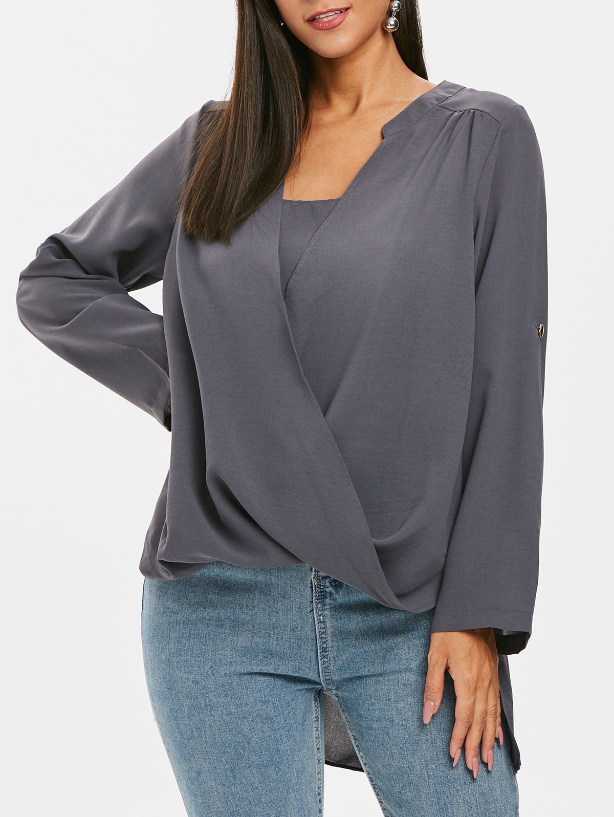 

Wrap-front Roll Sleeve Tunic, Ash gray