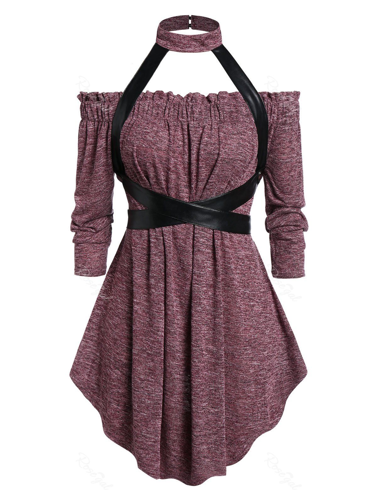 

Plus Size Gothic Choker Harness Marled Tee, Red wine