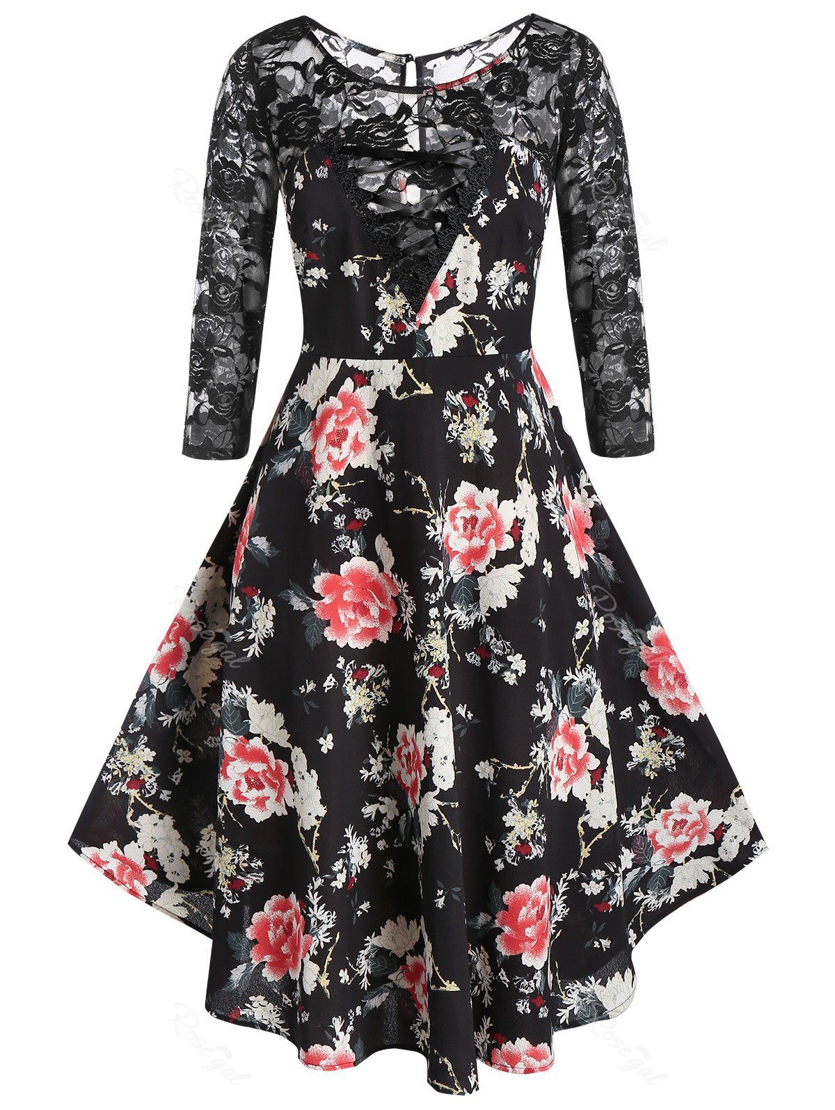 

Plus Size A Line Floral Print Lace Panel Dress, Black
