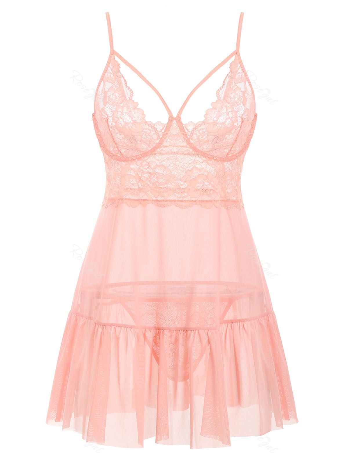 

T Back Harness Lace Panel Sheer Mesh Plus Size Babydoll, Pink