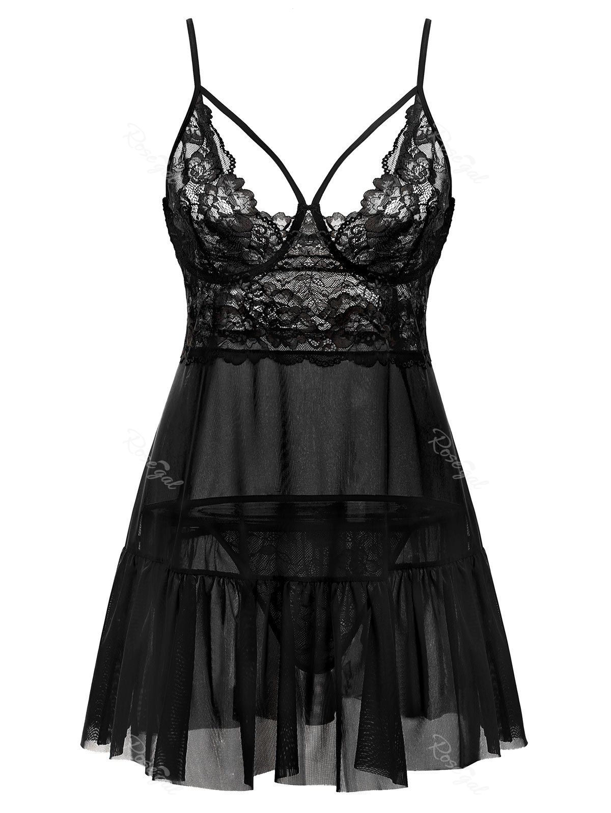 

T Back Harness Lace Panel Sheer Mesh Plus Size Babydoll, Black