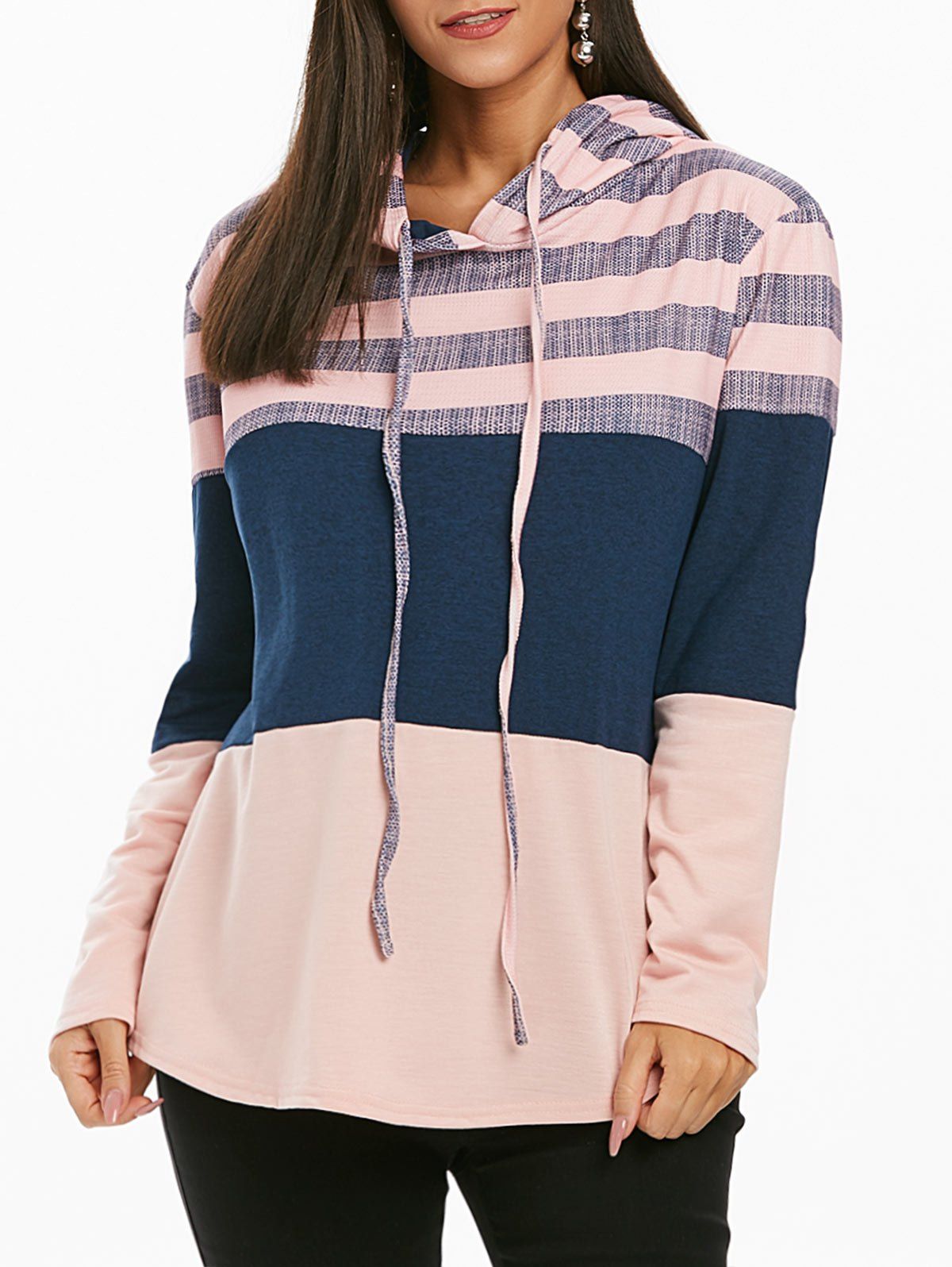 

Striped Color Block Drawstring Loose Hoodie, Pink