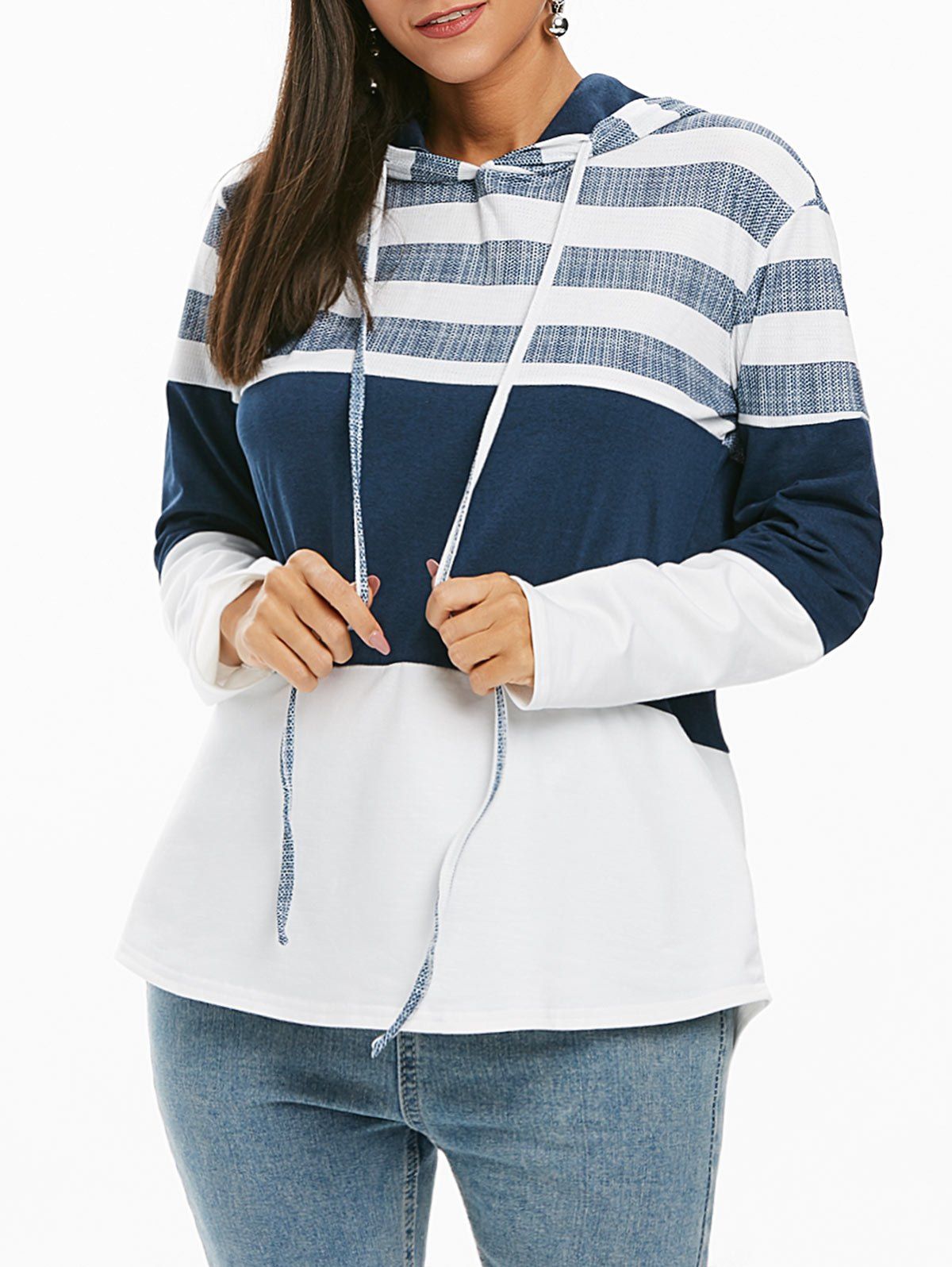 

Striped Color Block Drawstring Loose Hoodie, White