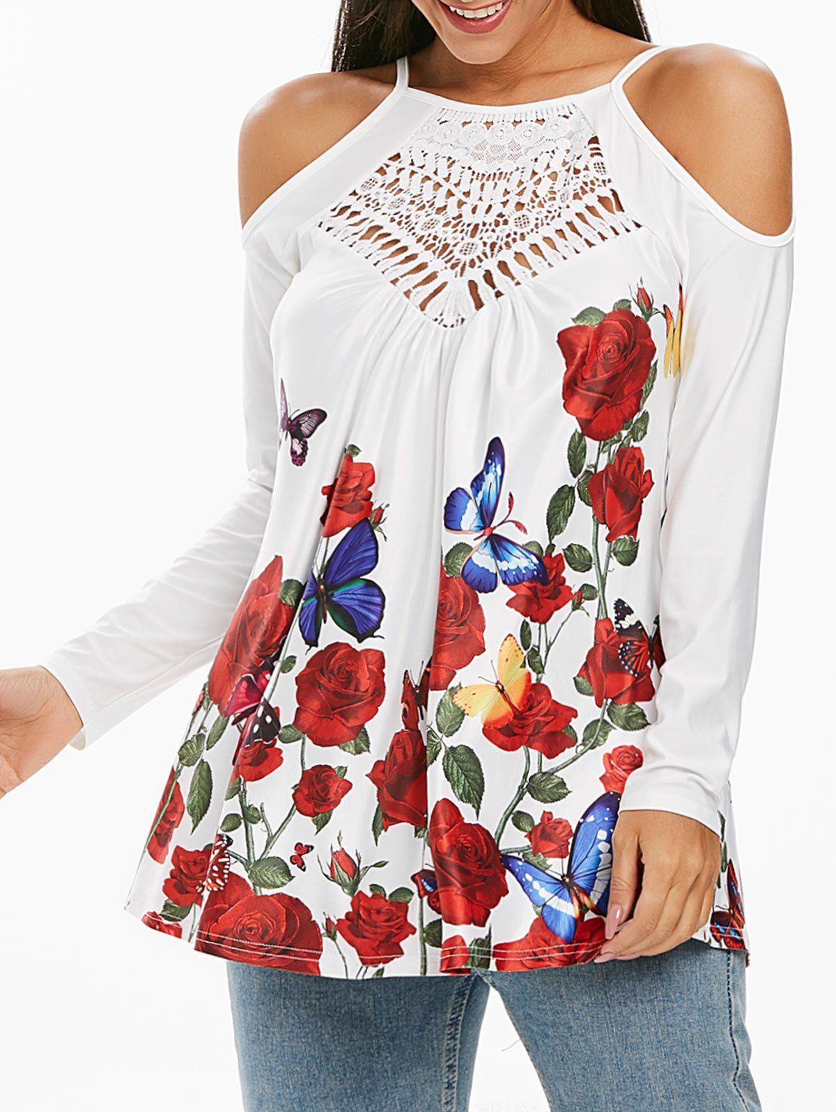 

Cold Shoulder Lace Crochet Floral Butterfly Print T-shirt, White
