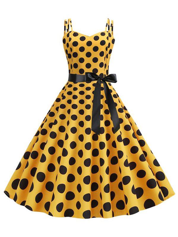 

Polka Dot Belted Vintage Strappy Dress, Sun yellow