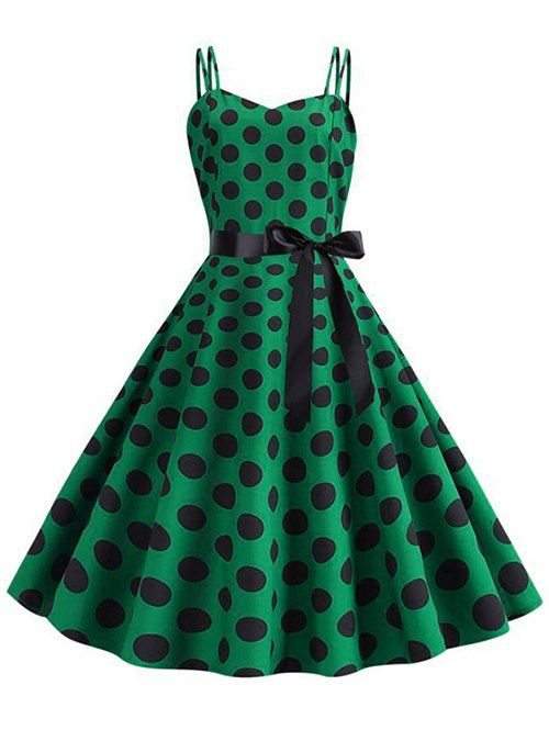 

Polka Dot Belted Vintage Strappy Dress, Deep green