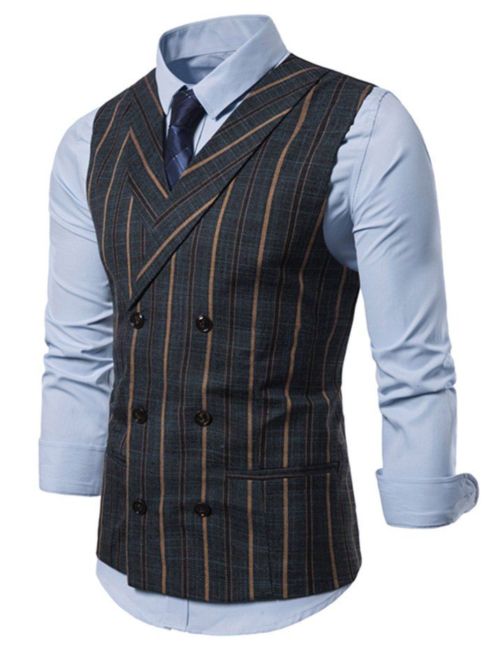 

Striped Print Double Breasted Casual Waistcoat, Cadetblue