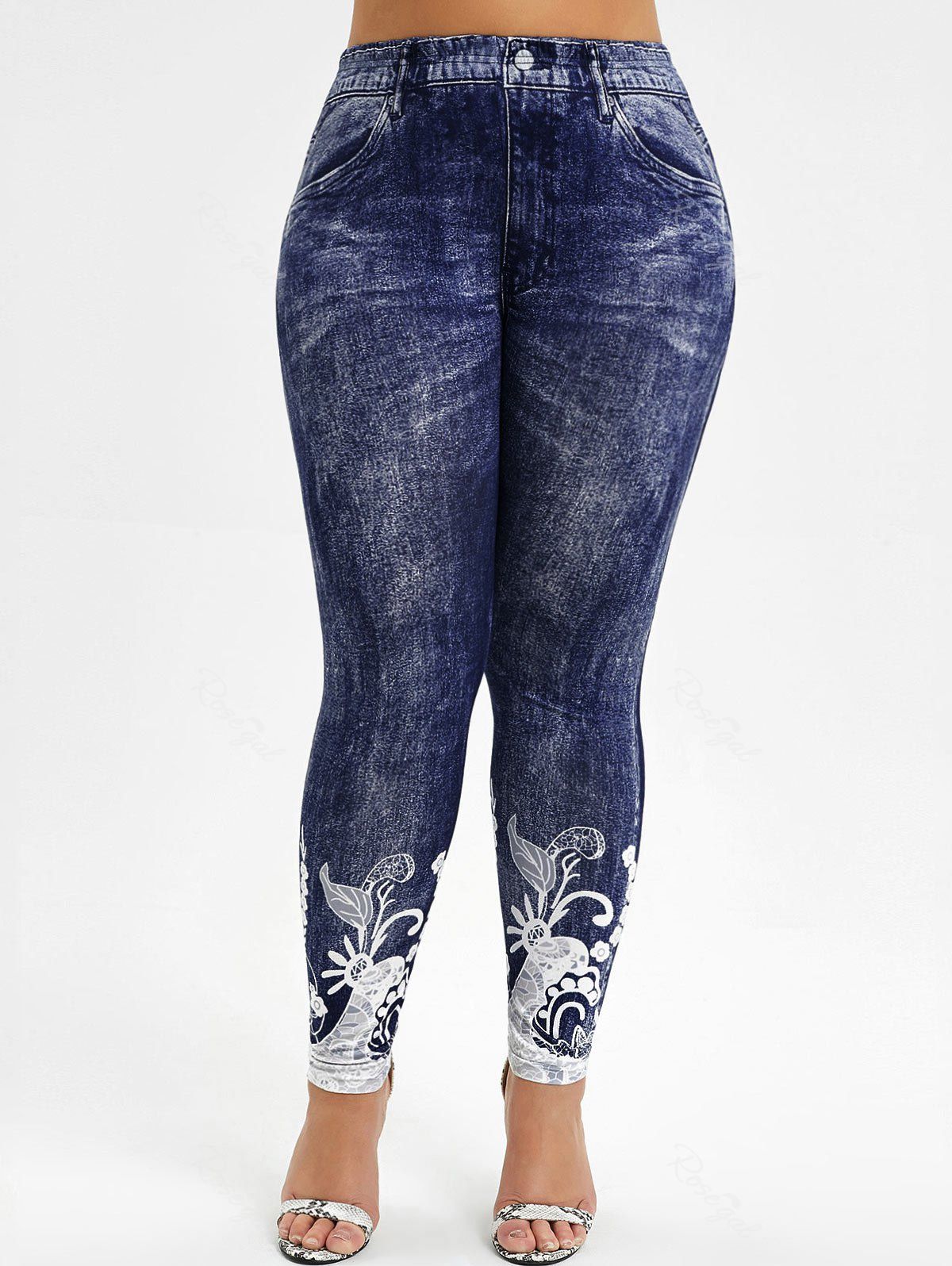 

High Waisted 3D Printed Plus Size Jeggings, Deep blue