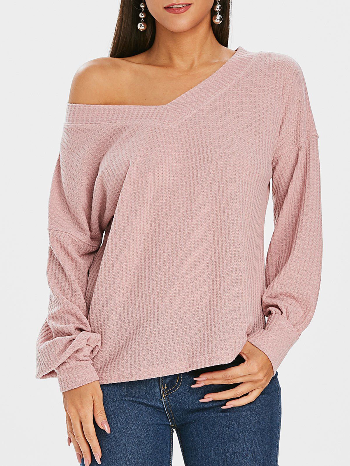 

Plain Convertible Collar Drop Shoulder Knitwear, Rose